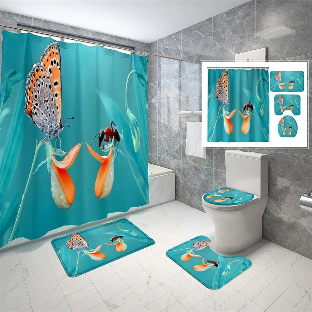 

Summer insect Nature Bath Curtain set non-slip Carpet Bathroom mat Toilet Shower Curtain Bathtub Partition Bathroom Decoration