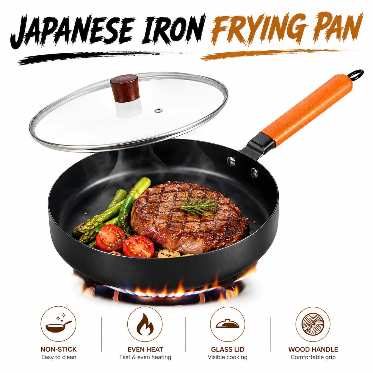 26cm Unbeschichtete Eisen-Bratpfanne Japanischer Stil Steak-Pfanne Antihaft-Eierpfanne für Innen- und Außenbereich Wok Induktionsgeeignetes Kochgeschirr