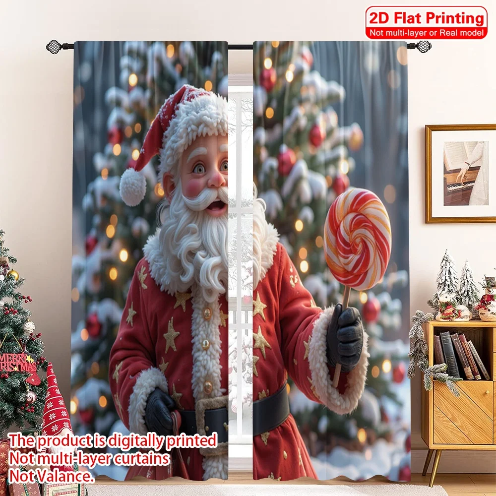 

2pcs 2D flat printing Merry Christmas Curtain Santa Claus Christmas Gift Lollipop Fabric Without Electricity Family Party Use
