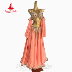 Belly Dance Suit Customization Exquisite Flowers Tassel Bra+Sleeves+Sexy Chiffon Long Skirt 3pcs Dancer Performance Costumes