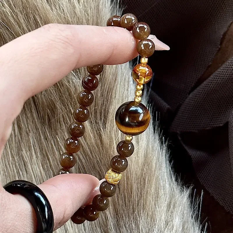 

Браслет из камня тигровый глаз с карамельным отливом, элегантный, универсальный, в новом китайском стиле, для женщин