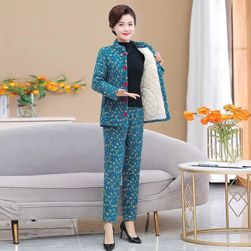 Add Velvet Cotton Coat Suit Elegant Women's Pajamas Padded Warm Winter Jacket Tops @ Cotton Trousers 2 Pieces Set Mother Clothes