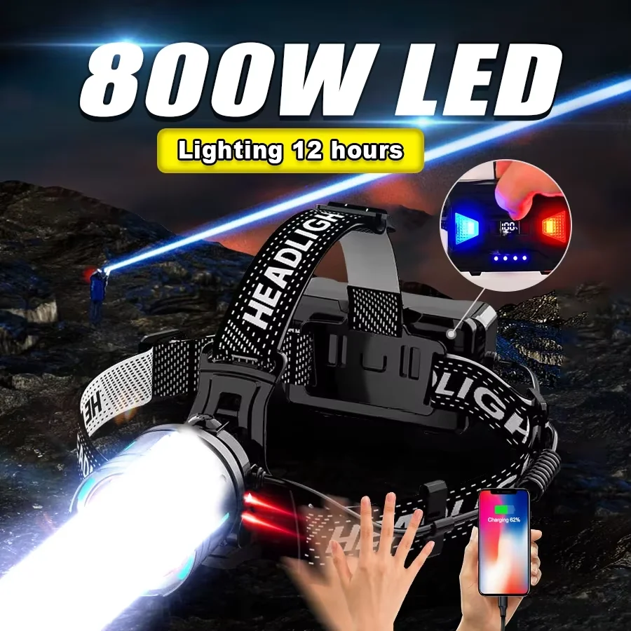 

2025 Newest Powerful LED Headlamp 800W LED IR Sensor Rechargeable Headlight 3500M Super Bright Head Flashlight Fishing Lantern