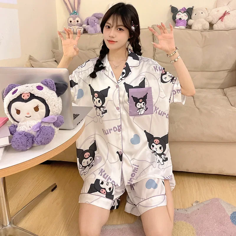 Sanrio New Clow M Pajamas Ice Silk Satin Casual and Lightweight Breathable with Chest Pad Please Cool Homewear Suits Pajamas