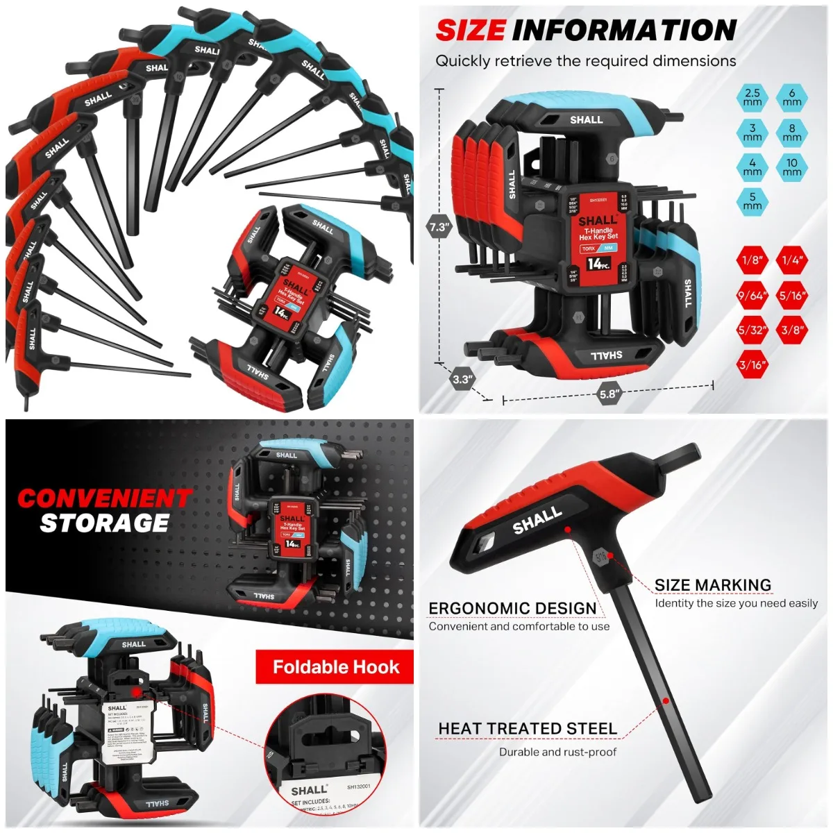 

Набор шестигранных ключей с Т-образной рукояткой из 14 предметов и SAE со стойкой для хранения, шестигранные ключи с длинной рукояткой для авто, велосипеда, самостоятельного ремонта дома