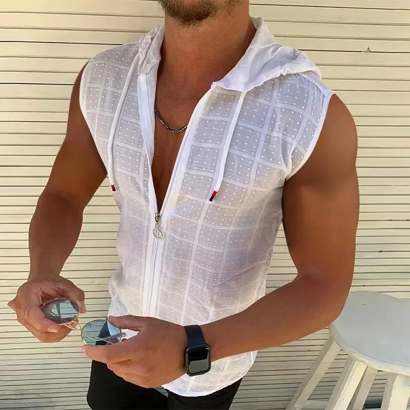 2023 summer new fashion plaid zipper sleeveless hooded cardigan T-shirt men's slim sports breathable fitness top