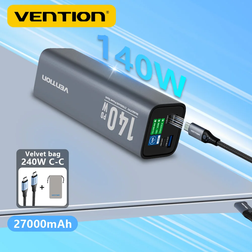 

Vention 27000mAh Power Bank 140W Portable Powerbank Fast Charge PD 3.1 External Battery High Capacity for iPhone 16 iPad Macbook