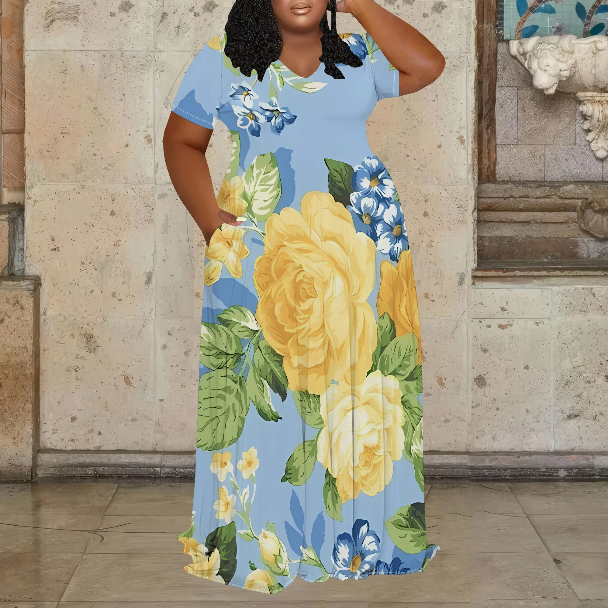 

Plus Size Loose Maxi Dress Yellow Rose Print Short Sleeve Elegant Floral Outfit