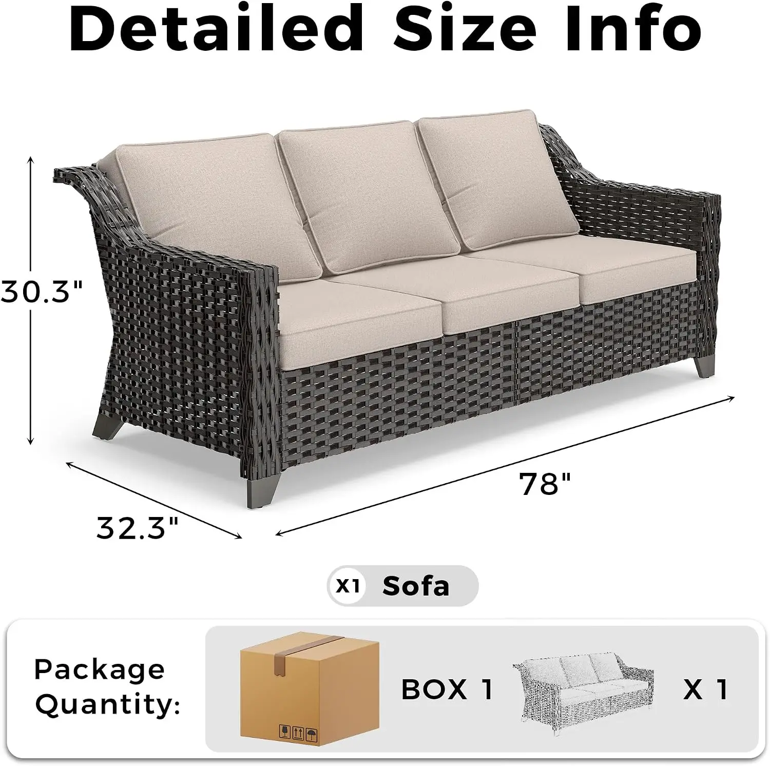 Patio Couch, Wicker Outdoor Conversation Set | Patio Couch with Olefin Removable Cushion, All-Weather Outdoor Sofa with Deep Sea