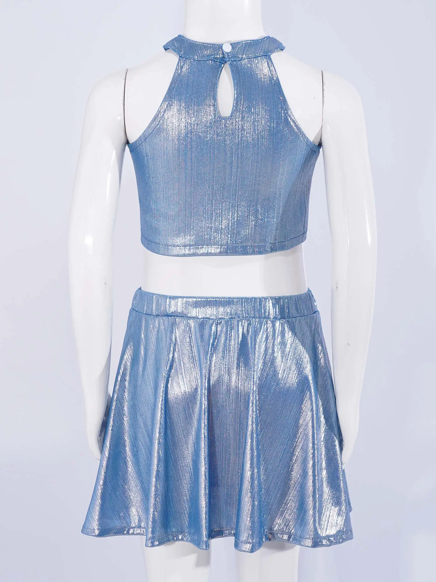 Kids Girls Metallic Ribbed Dance Outfit for Cheerleading Chorus Performance Modern Jazz Dancewear Sleeveless Vest with Skirt Set