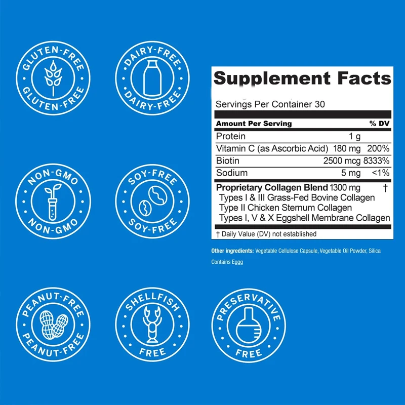 Kolagen - typ já, II, III, V, a X hydrolyzed smíšené vitamín h a vitamín C vhod pro vlasy, kůže, a hřebíky, 60 kapsle