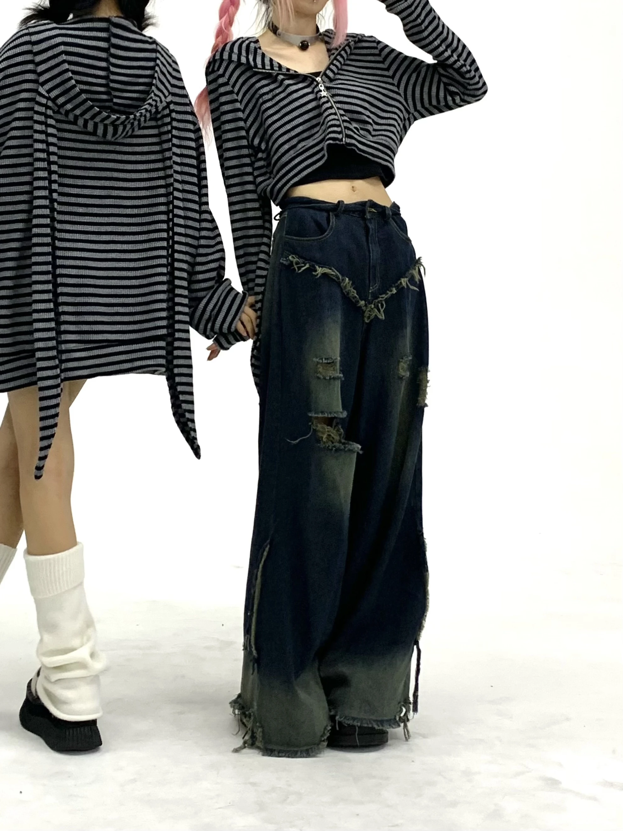 Y2k Subculture Japanese Autumn and Winter Hooded Striped Rabbit Ear Jacket Loose Cartoon Cute Sweet Cool Babe Cardigan Sweater