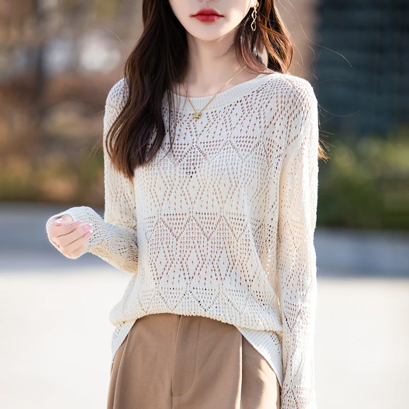 Spring Summer 100% Cotton Sweater Thin Pullover Women\'s Knitted Hollow Out O-Neck Fashion Knitwear Loose See Through Look Tops