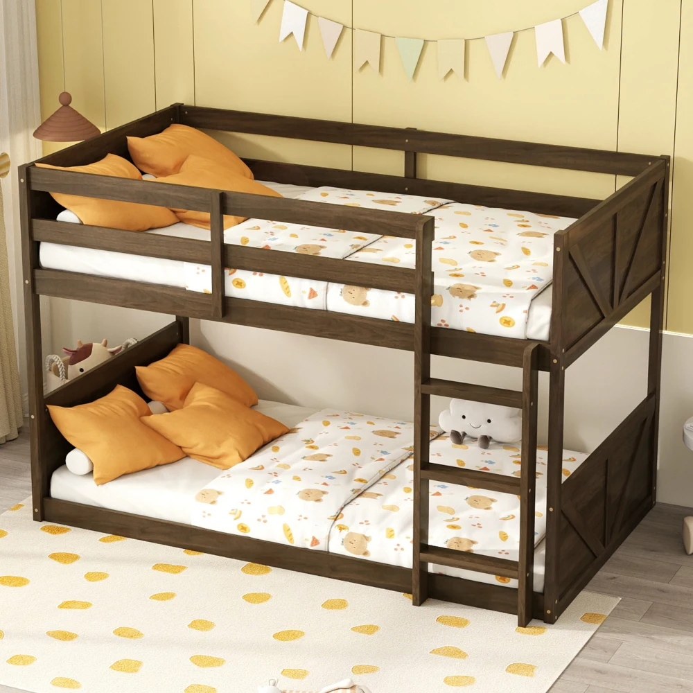 Twin over Twin Floor Bunk Bed with Panelled Headboard and Footboard, Solid Rubber Wood Foundation with Safety Guardrails