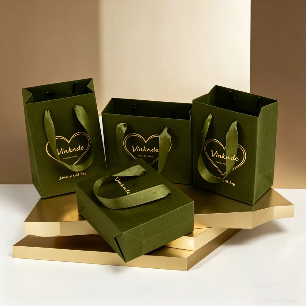 Bolsas de Papel Verde Oliva con Logotipo Personalizable, Bolsas de Regalo para Joyería, Collares, Pendientes, Perfumes y Cosméticos para Mujer, Cajas Protectoras