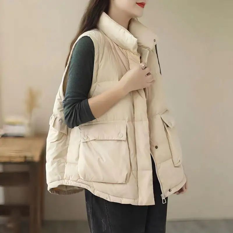 

Loose Women's Duck down Vest White Duck Feather Stand Collar Autumn Winter Fashion Sweet Style No Sleeve Zipper Closure Pure ...