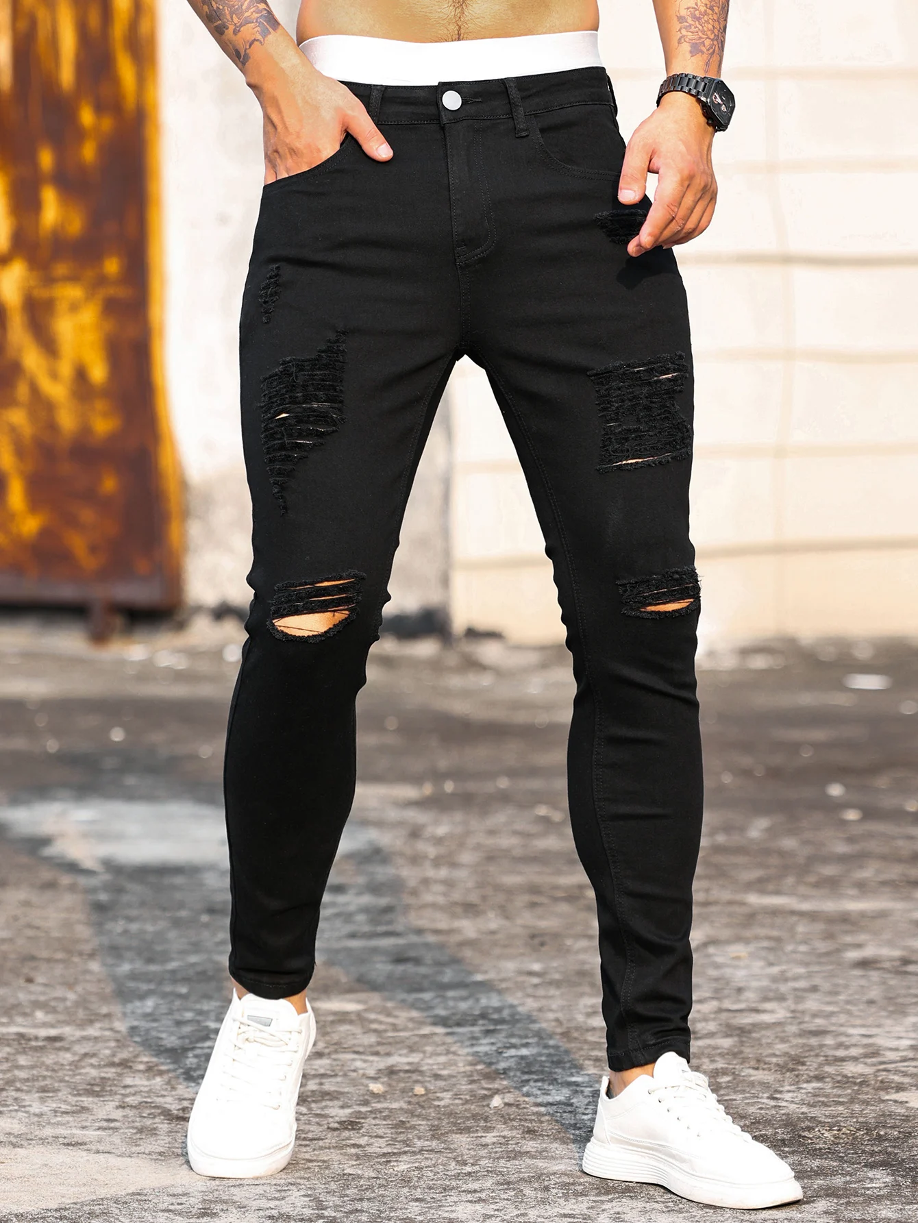 Mens Jeans Distressed Snow Wash Design Pencil Pants Mens Streetwear Fashion Slim Jean Knee Holes Hip-hop Denim Trousers