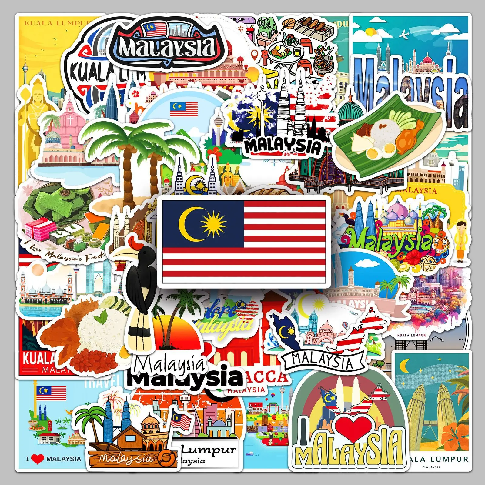 50PCS Malaysia City Series  Stickers Aesthetic Graffiti Decals Laptop Water Bottle Luggage Notebook Waterproof Stickers