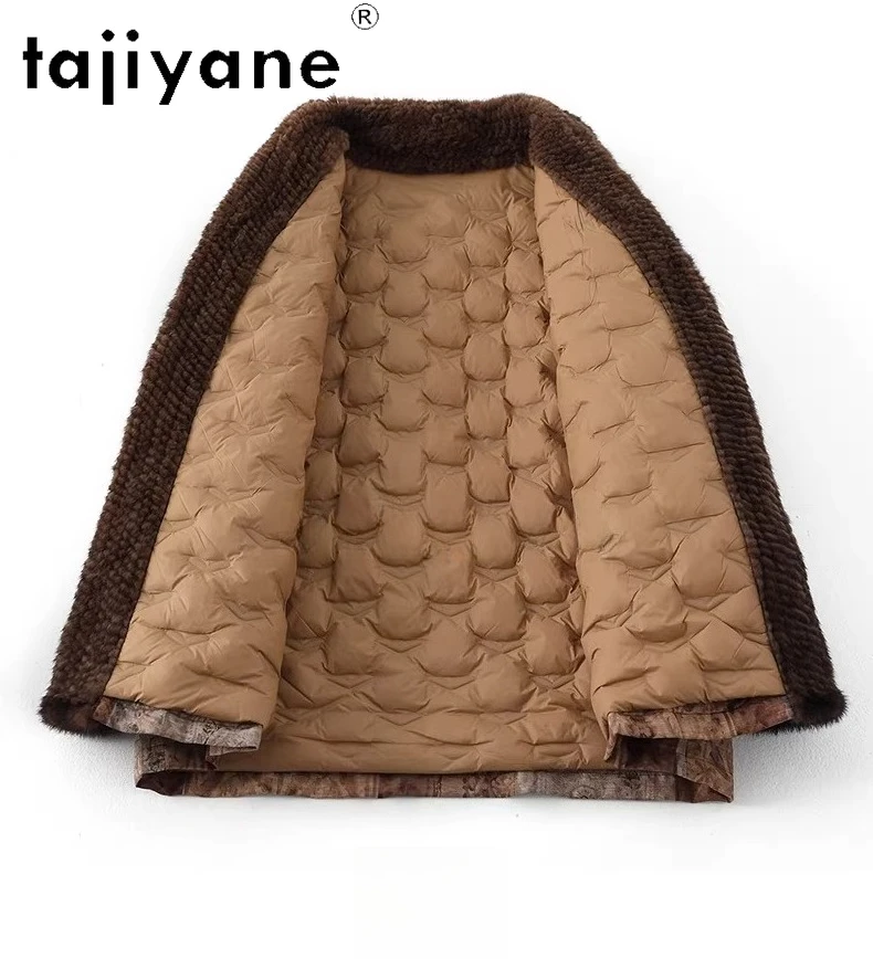 타지야네 90% 거위털 코트 여성 밍크 퍼 칼라 패딩 재킷 우아한 자카드 벨트 코트 2025 겨울 여성 의류