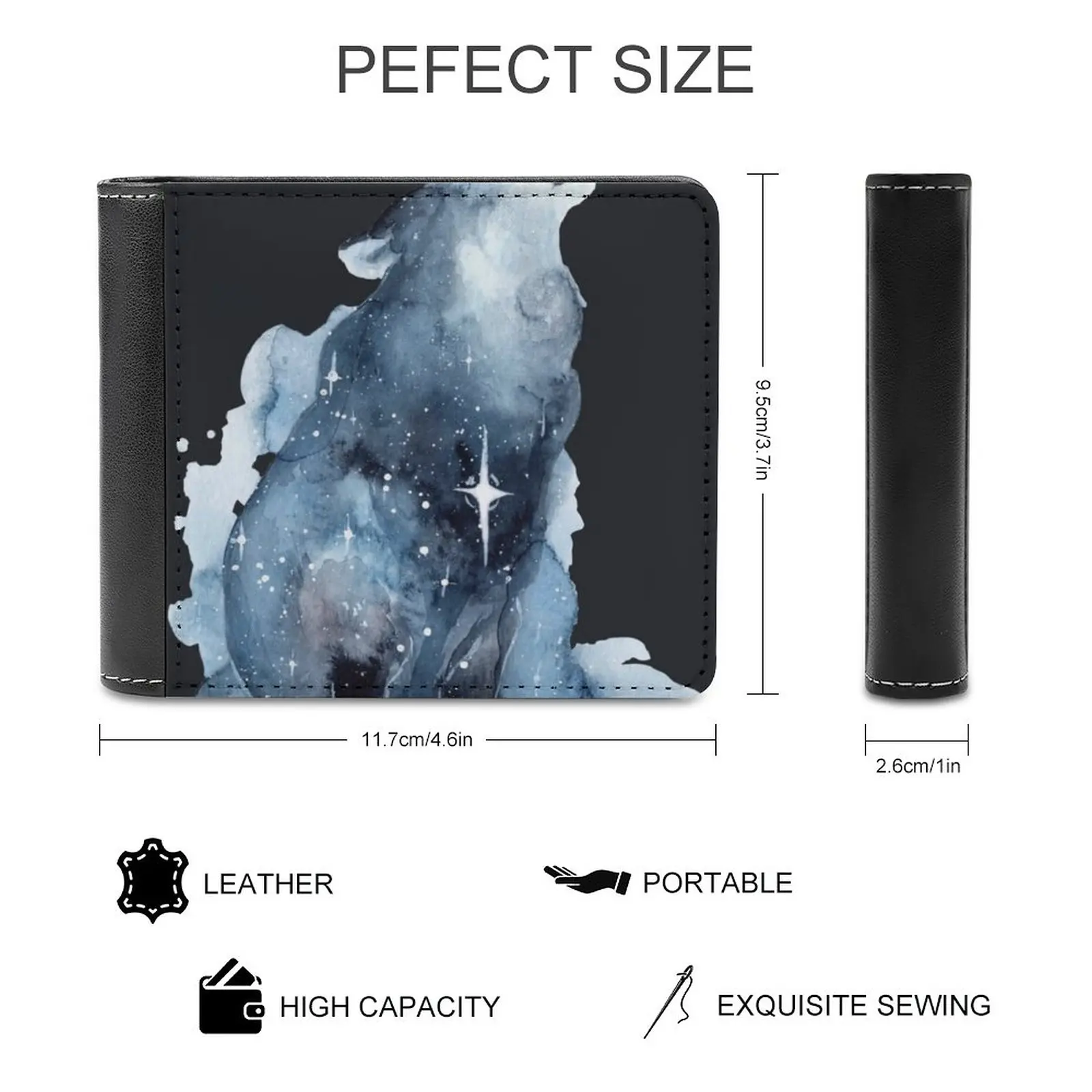 Galaxy Howling Wolf Leather Wallet Men Classic Black Purse Credit Card Holder Fashion Men's Wallet Watercolor Galaxy Animal