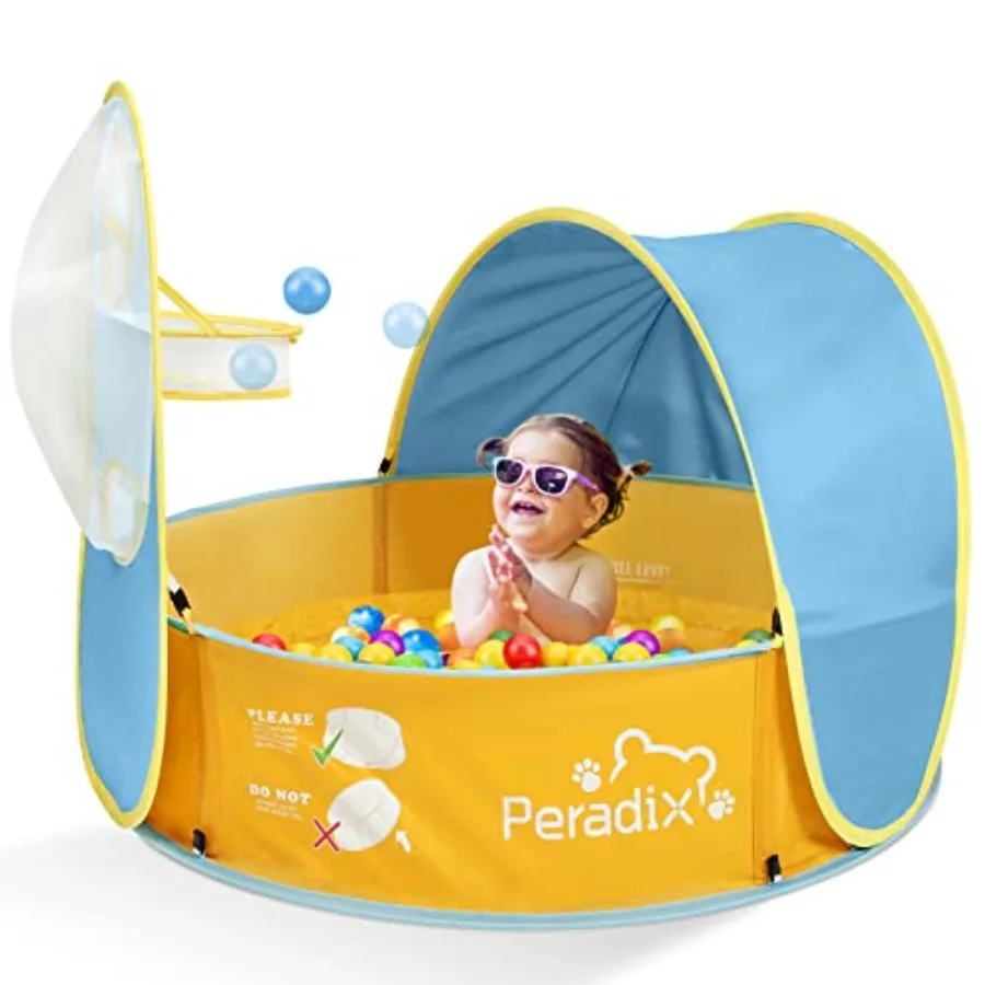 Paddling Pool for and Pets Ball Pit Tent 3 in 1 Pop Up Wading Pool Tent with UV Protection Sunshade Canopy Basketball Hoop Port