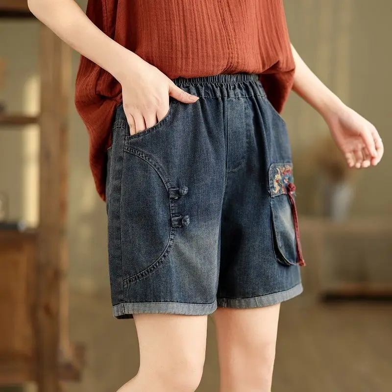 Retro Ethnic Style New Chinese Button Up Embroidered Denim Shorts for Women Summer Thin Style Loose Wide Legged Five Minute