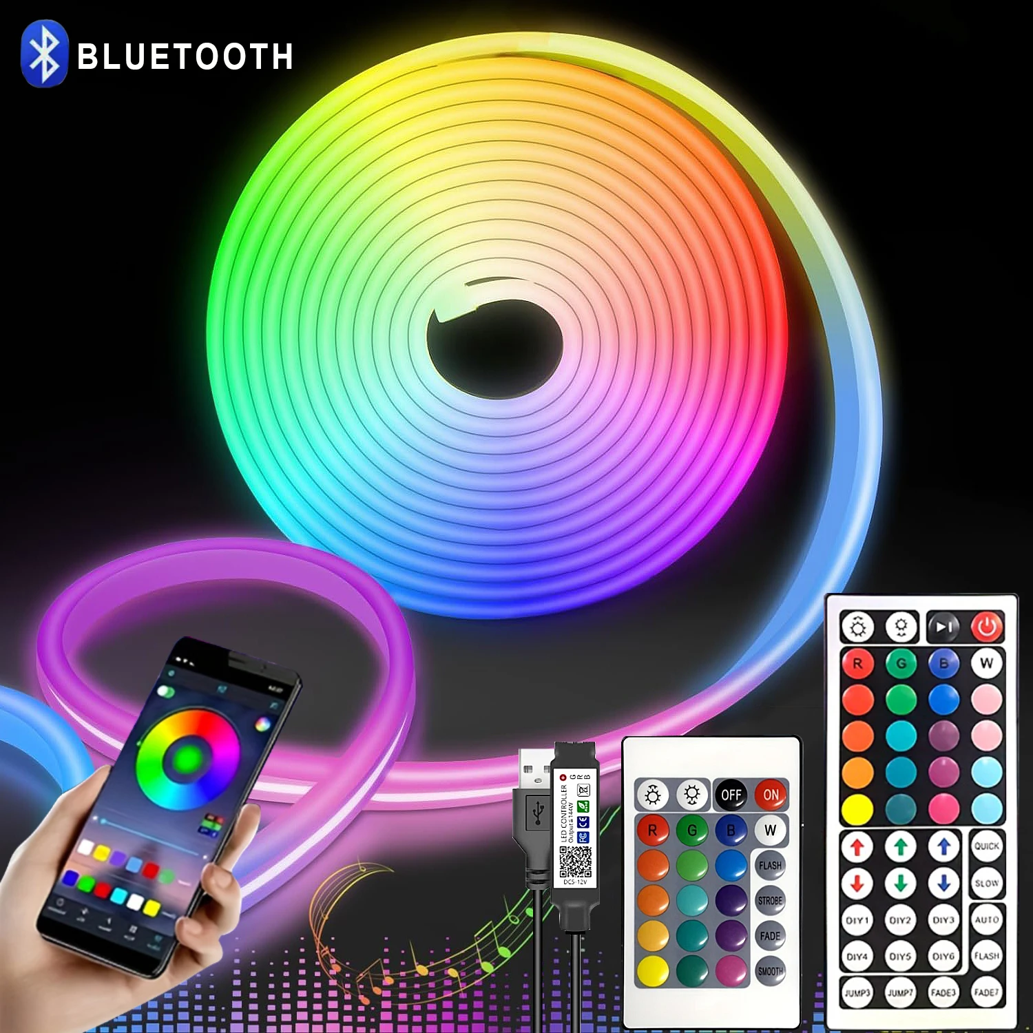 5V USB RGB Neon LED Strip Light 1M 2M 3M 4M 5M Wodoodporna taśma neonowa LED z aplikacją i pilotem 44 klawiszowym do oświetlenia wystroju domu