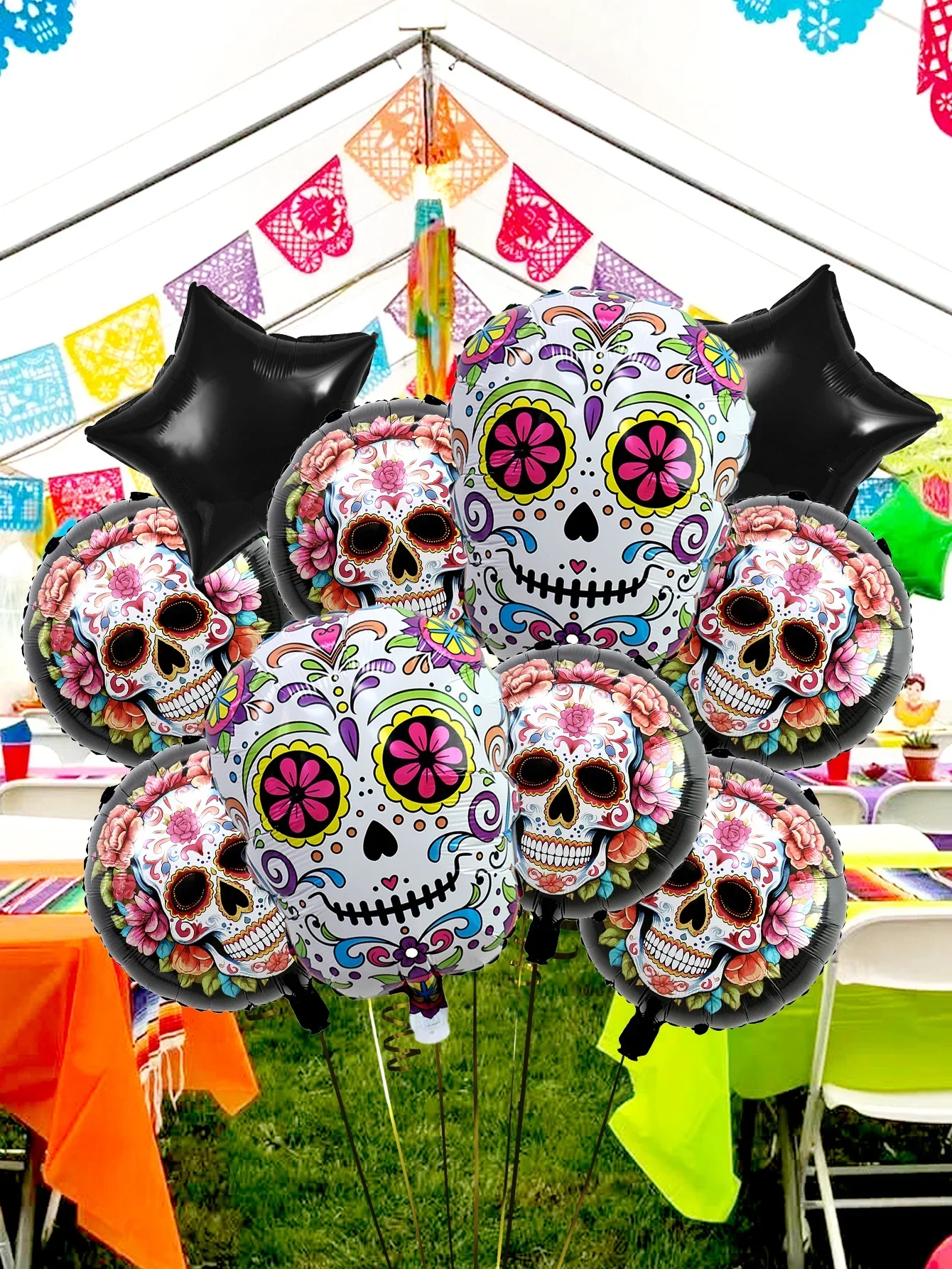 10-teiliges Ballon-Set aus Aluminiumfolie für den Tag der Toten, geeignet für Dekorationen zum Tag der Toten, Halloween-Partys, Totenkopf-Themen