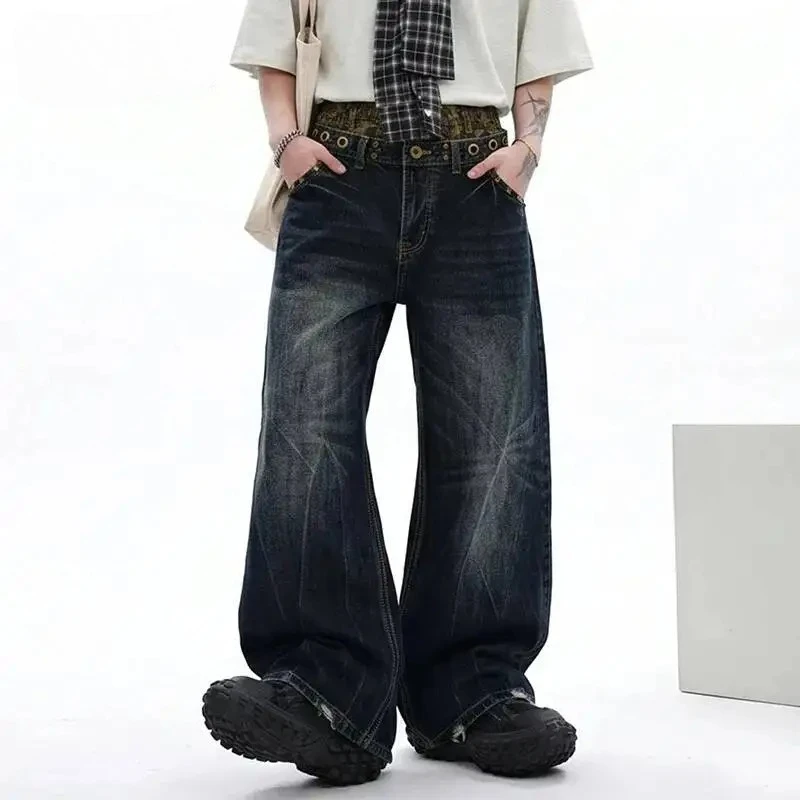 

Vintage Black Men's Washed Jeans Patterned Patchwork Waist Design Loose Wide Leg Casual Streetwear Denim Pants