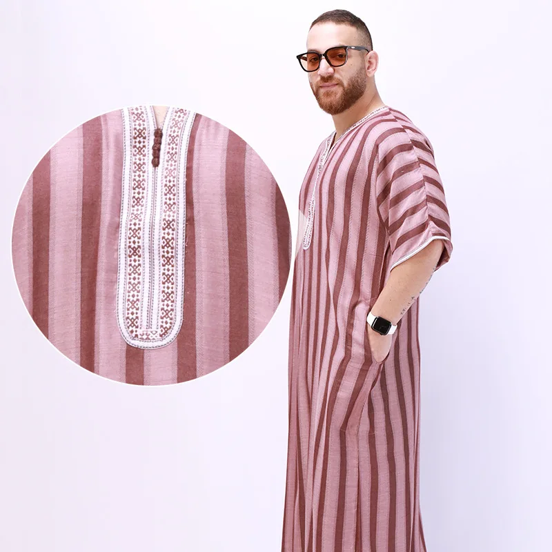 New Muslim Robes Men Jubba Thobe Stripes Short Sleeve Islamic Traditional National Loose Hombre Clothing Dubai Arab Kaftan Abaya