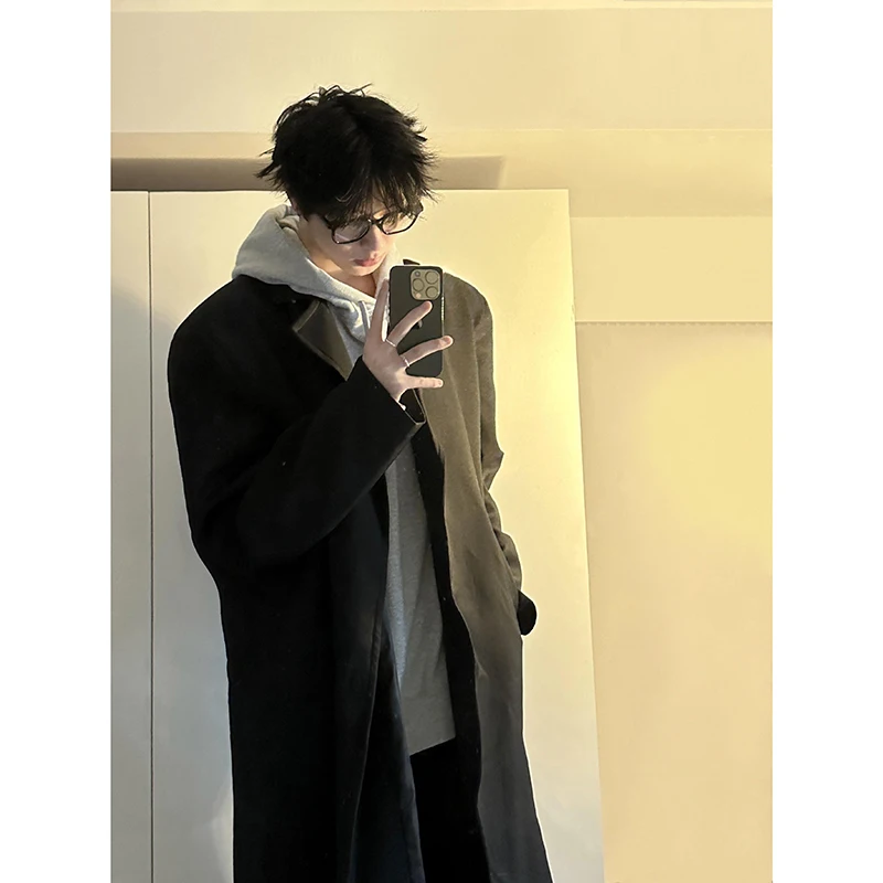 

Kloosu Men's Long Black Woolen Coat Autumn Winter High-End Feelings Cleanfit Korean Style Windbreaker Loose Fit Teenager