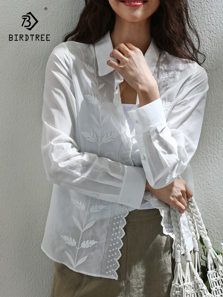 BirdTree, 30%Natural Silk Elegant Shirt, Women Long Sleeve Embroidery, French Casual Commute Blouse, 2024 Summer Fall  T47712QC