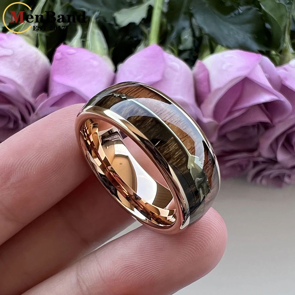 MenBand Fashion 8MM Women's Rose Gold Tungsten Carbide Wedding Band Ring With Double Wood And Arrow Inlay Comfort Fit