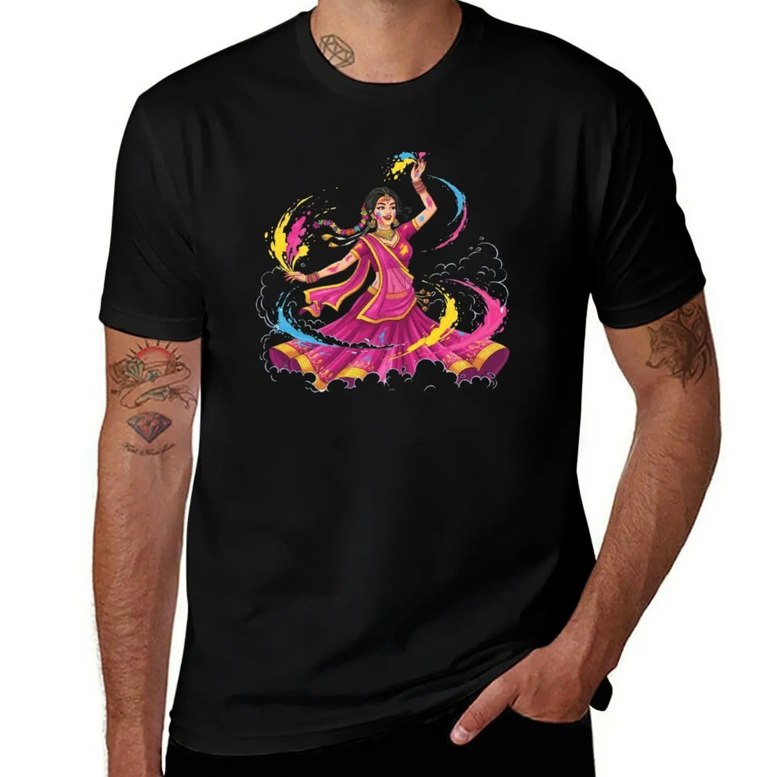 

Dancing female with saree and colour powder T-Shirt anime stuff tops fashion shirts men clothes