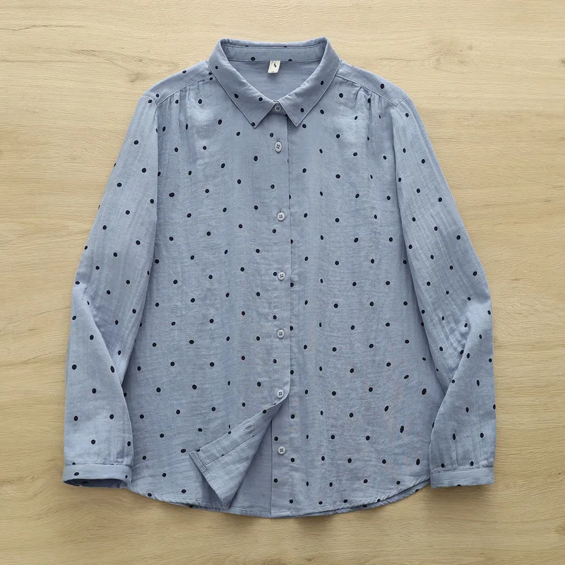 Autumn women clothing two layer 100% cotton yarn green polka dot print shirts long sleeve blouses for women tops lady clothes