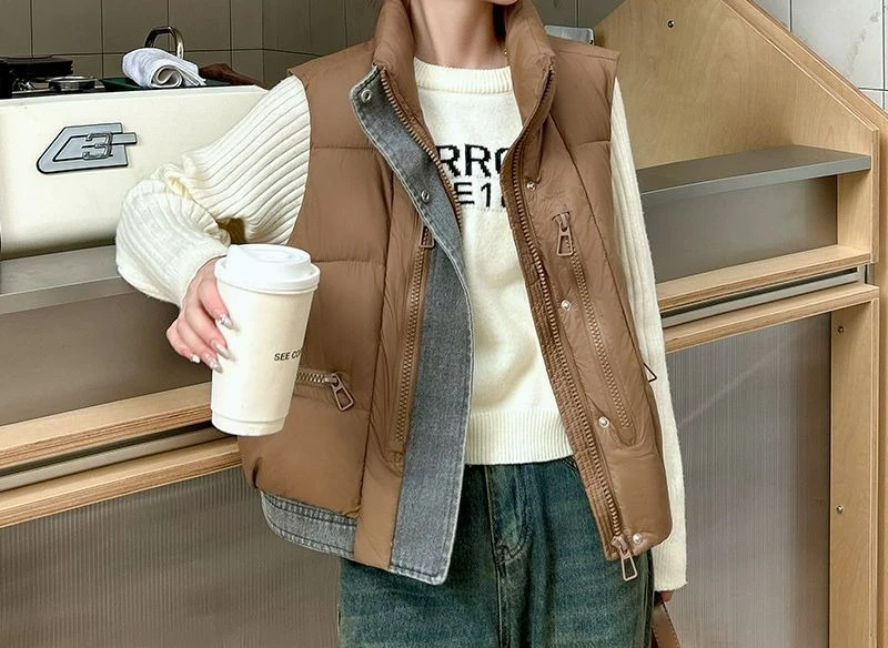 Krótka kamizelka patchworkowa z denimu ze stójką, nowy styl na jesień i zimę 2025, gruba kurtka bez rękawów.