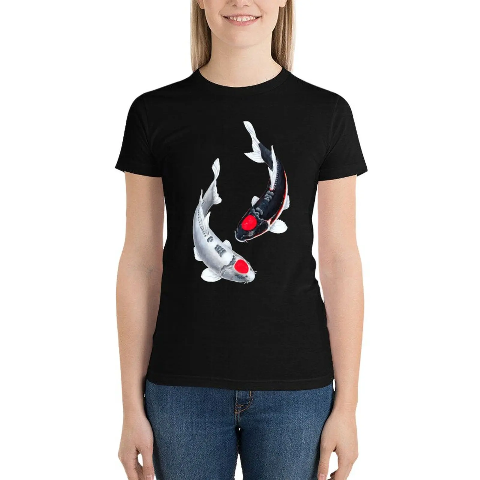 

Koi Fish Tancho Black White T-Shirt lady clothes vintage clothes shirts graphic tees funny Women's summer blouses 2024