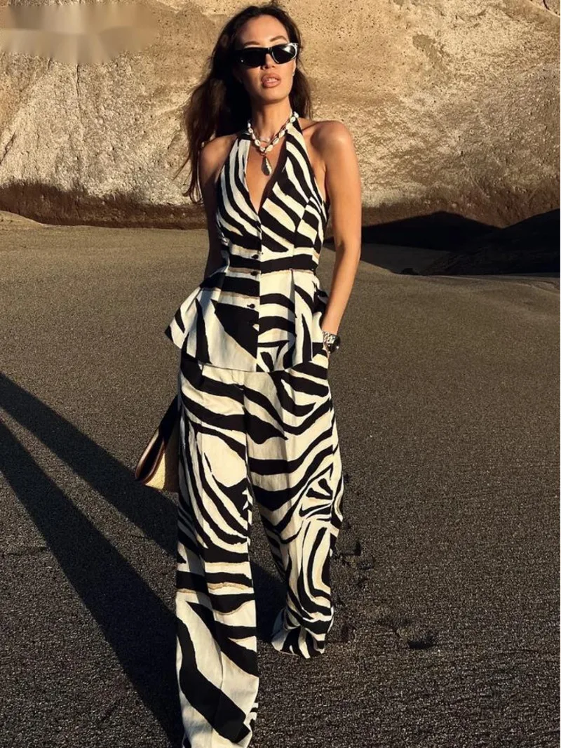 Casual Print Halter Vest Pants Sets Women Sleeveless Backless Button Tops High Waist Wide Leg Pant 2025 Lady Beach Outfit C9SQ