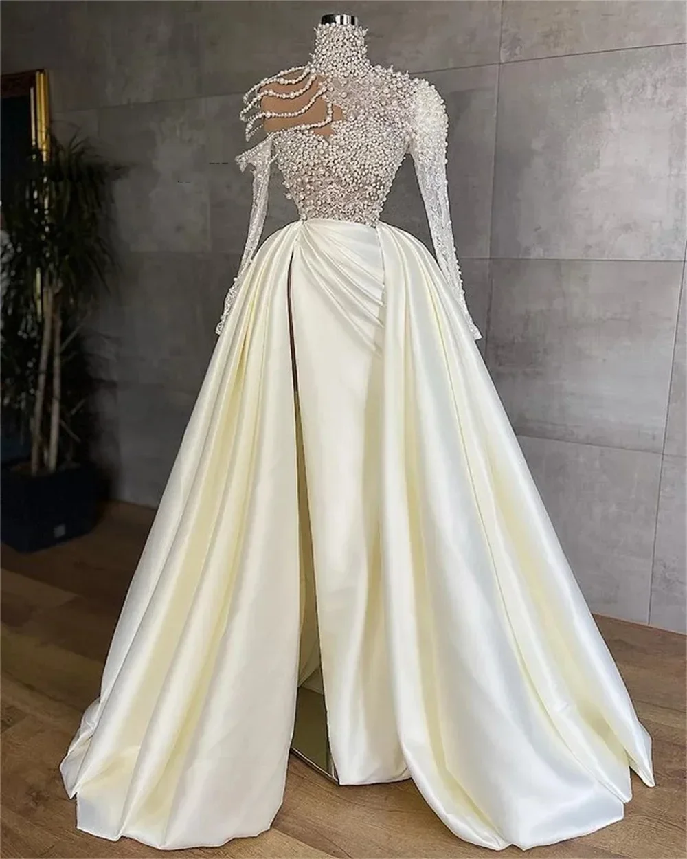 

Customized Stunning High Collar See Through Shinny Pearls Mermaid Wedding Dresses South African Sweep Train Bridal Gowns