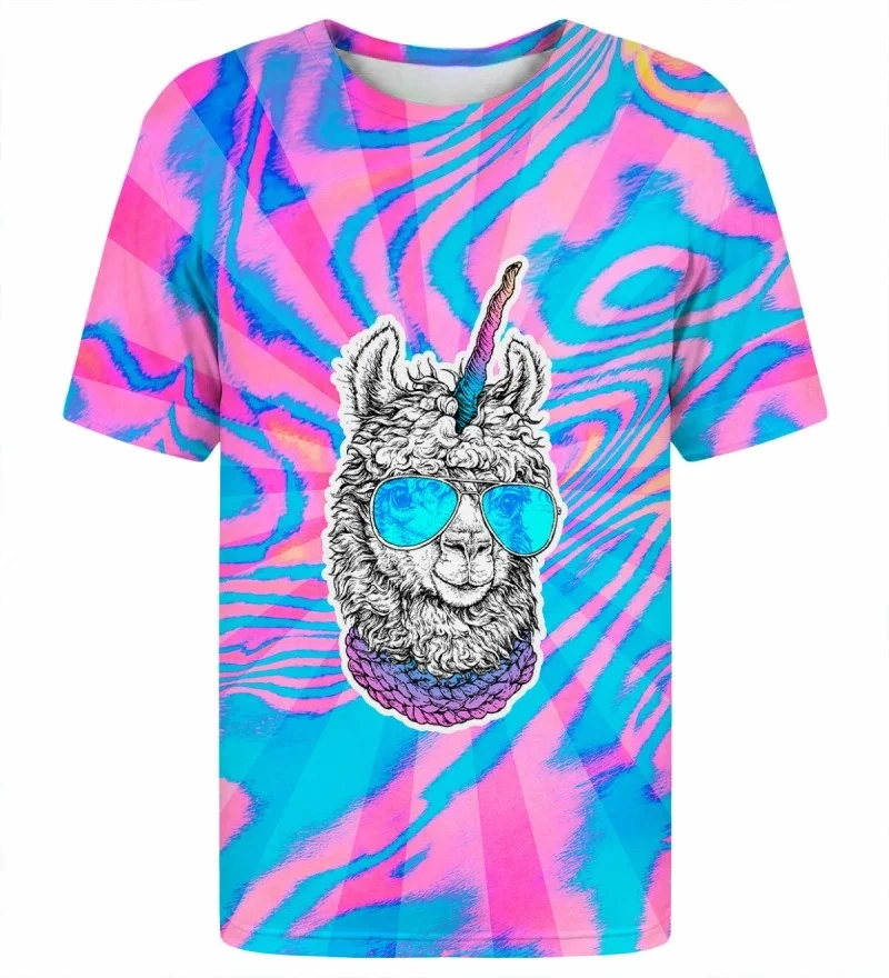 Unisex Y2K Alpaca T-shirts, Featuring A Cool Unicorn Alpaca Wearing Sunglasses, and A Psychedelic Vortex-style Emoji T-shirt.
