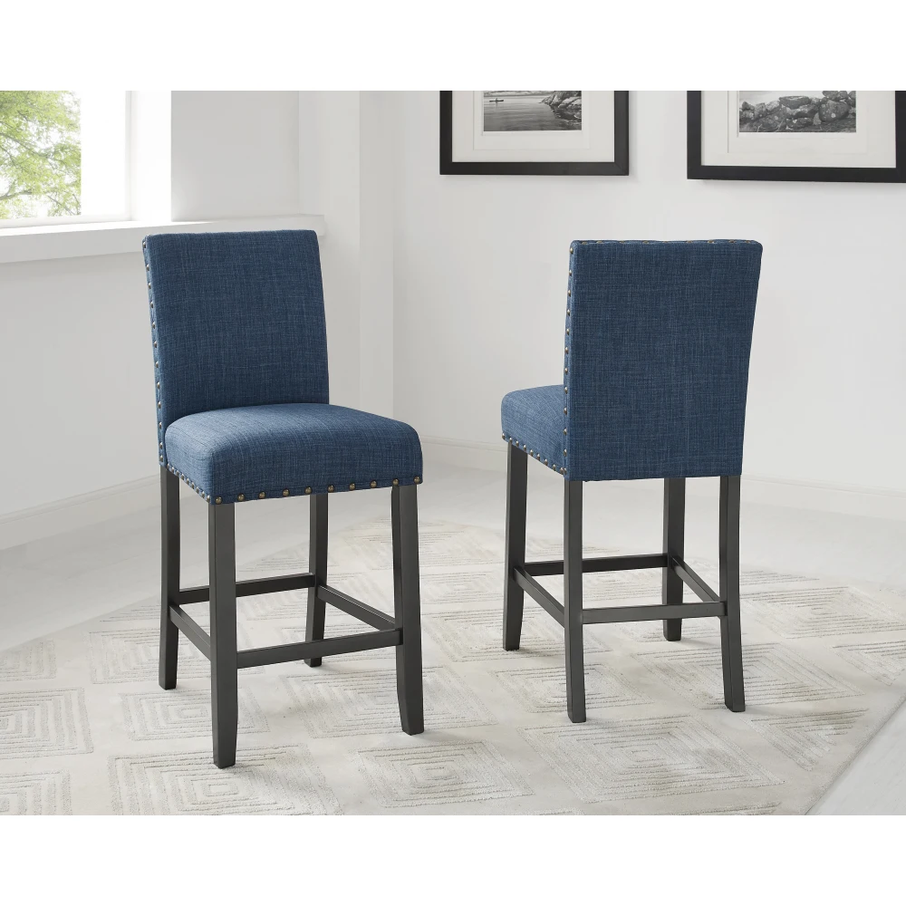 Biony Blue/Gray/Tan Fabric Counter Height Stools with Nailhead Trim, Set of 2