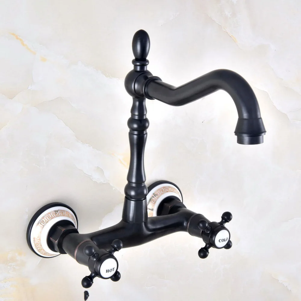 

Black Oil Rubbed Brass Kitchen Sink Faucet Wall Mounted Double Handle Bathroom Basin Cold And Hot Mixer Tap Lnf456