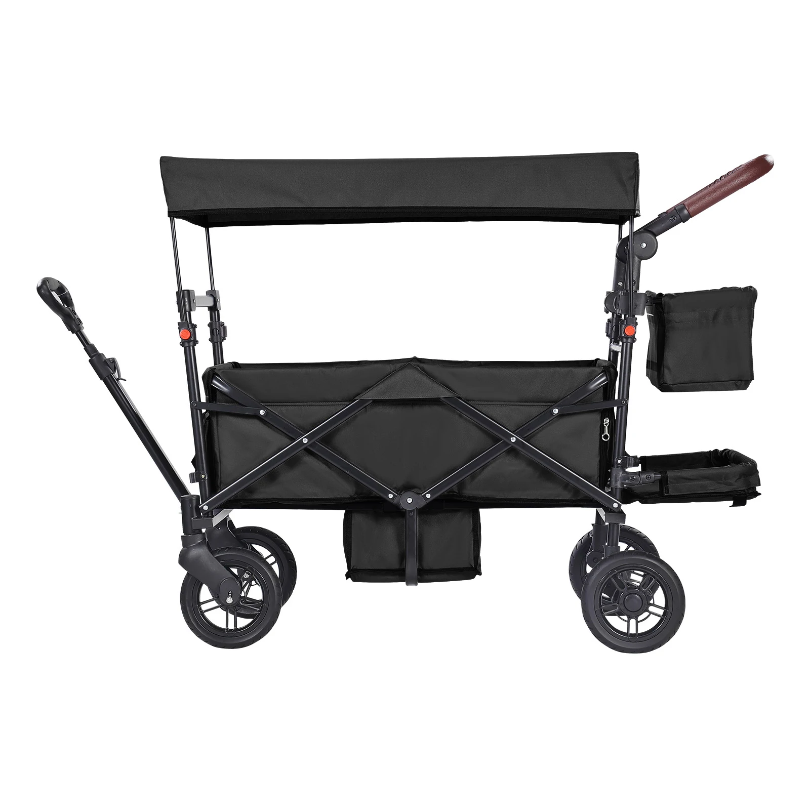 Wagon Stroller for 2 Kids, 4 Wheels with Brakes, Push Pull Quad Collapsible Stroller with Adjustable Handle, Encircling Harness Removable Canopy, Mutifunction Tandem Stroller for Camping Black
