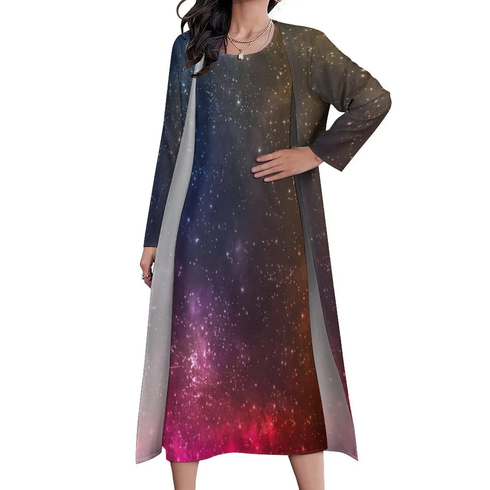 Colourful Galaxy Dress Long Sleeve Nebula And Bright Stars Aesthetic Boho Beach Long Dresses Female Beach Maxi Dress Gift Idea