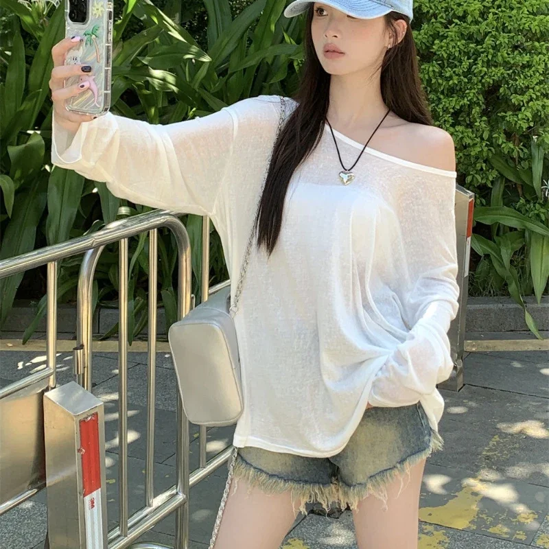 Sun-proof Sheer Long Sleeve Tshirt Women Summer Korean Fashion Loose Baggy Casual Leisure Clean Fit Ulzzang