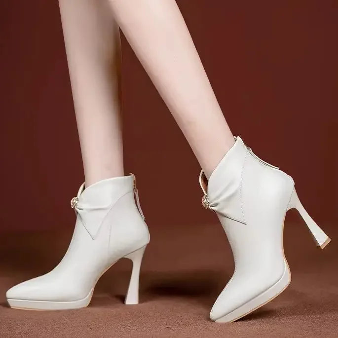 

Pointed Toe Stiletto Heel Sexy Boots Platform Back Zipper Ankle Boots Women Fashion Crystal Short Boots Winter Comfort Shoes