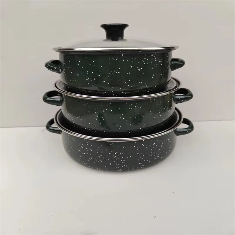 Round Vintage Enamel Pot Transparent Glass Lid Double Handles Flat Bottom Cookware