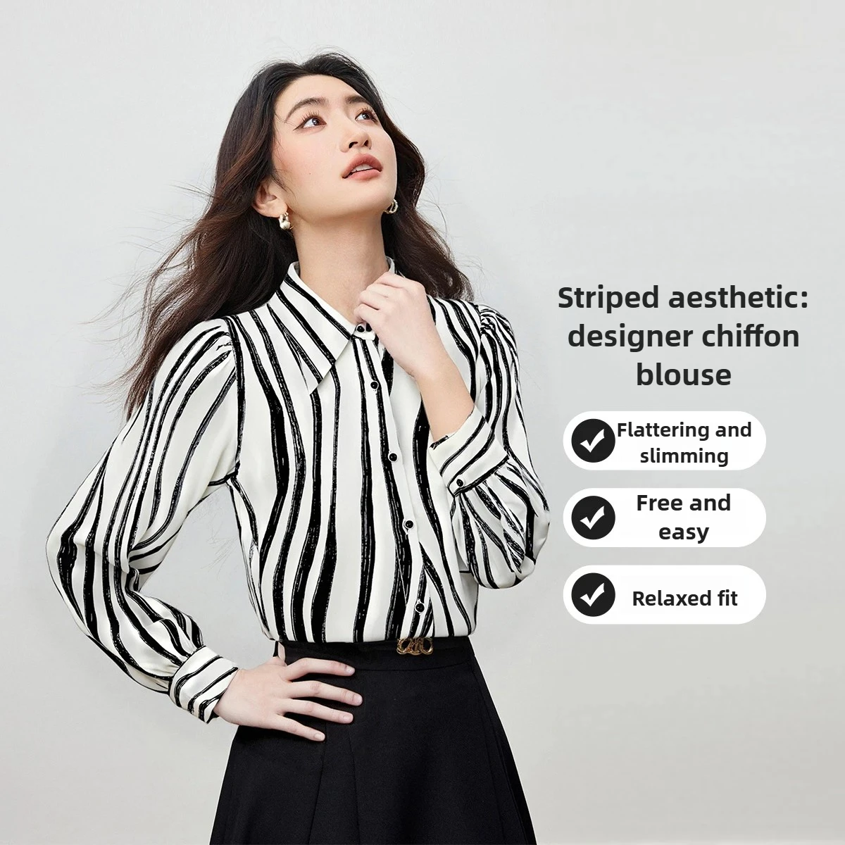 

SENTUBILA Flowing Stripes Shirts Women 2025 Autumn Urban Commuter Blouses Design Abstract Printed Chiffon Shirt Female 153CH2603