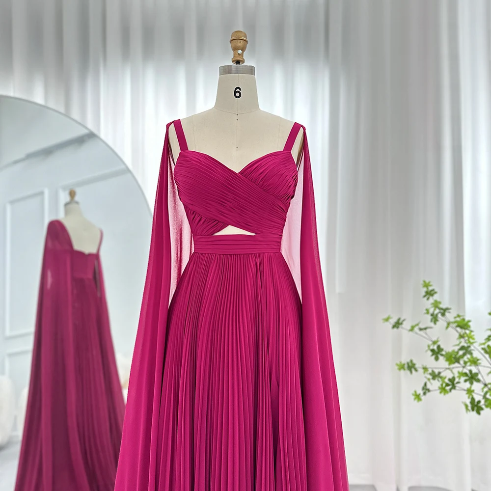 Sharon Said Fuchsia Chiffon Abendkleider mit Cape-Ärmeln Gelb Arabisch Elegante Damen Hochzeits-Formelle Kleider SF090 Maßanfertigung – Detail 11