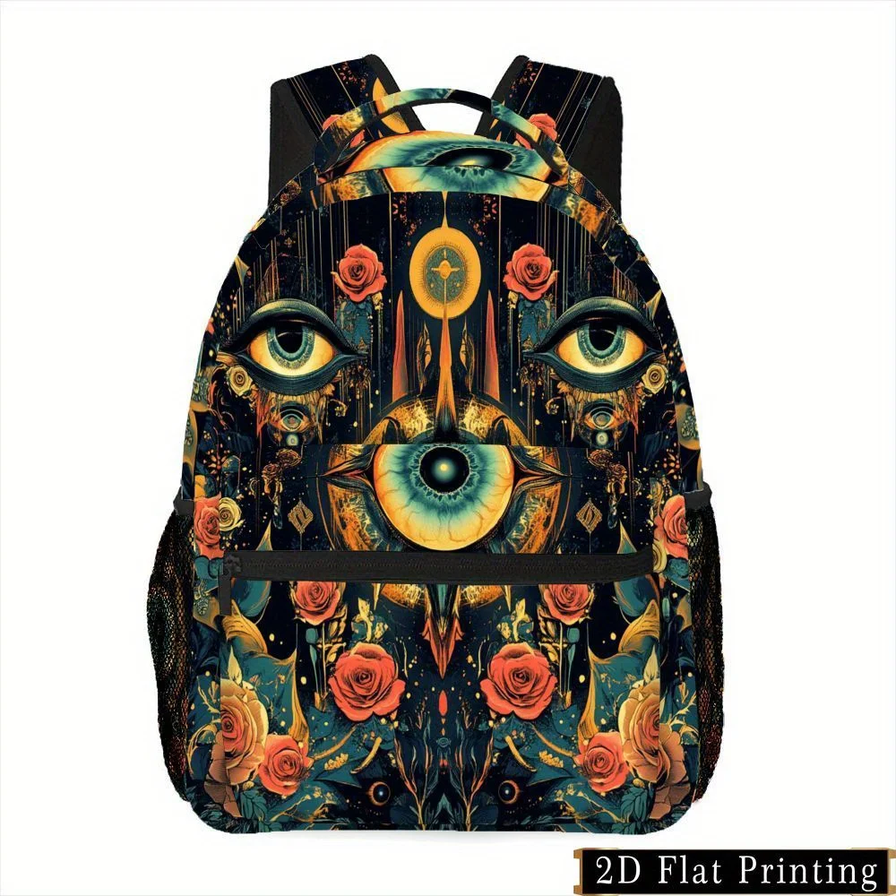 A 1pc Backpack Featuring a Print Zipper with a Unique Design of Complex Eyes And Roses in an Abstract Pattern